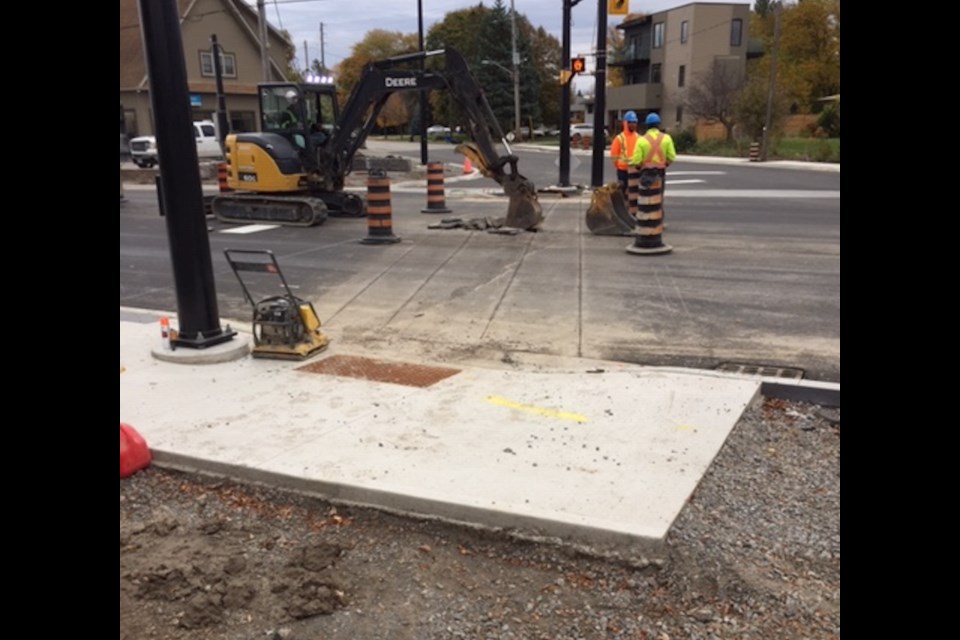 Still under construction are the decorative crosswalks, where pavement was laid but dug up for their installation.