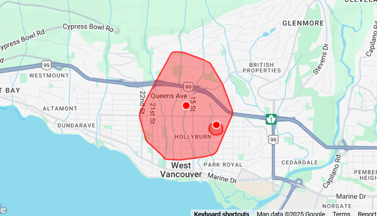 Over 1,200 BC Hydro customers in West Vancouver are currently experiencing power outages due to a tree branch falling from snow. | BC Hydro 