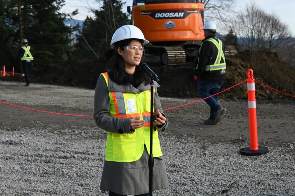 Minister of Infrastructure Bowinn Ma speaks at the Cloverley Elementary construction site Wednesday afternoon, sharing the progress of the project. | Abby Luciano / North Shore News 