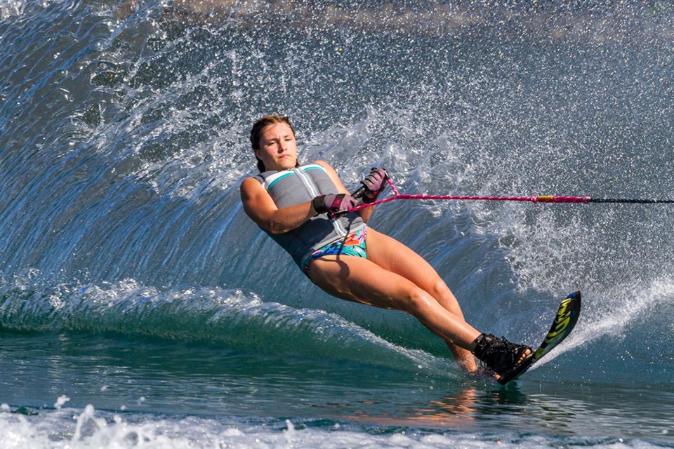 Breenie Jefferson makes waves on her way to picking up three medals in towed watersports at the 2024 BC Summer Games. | Rod Jones / BC Summer Games