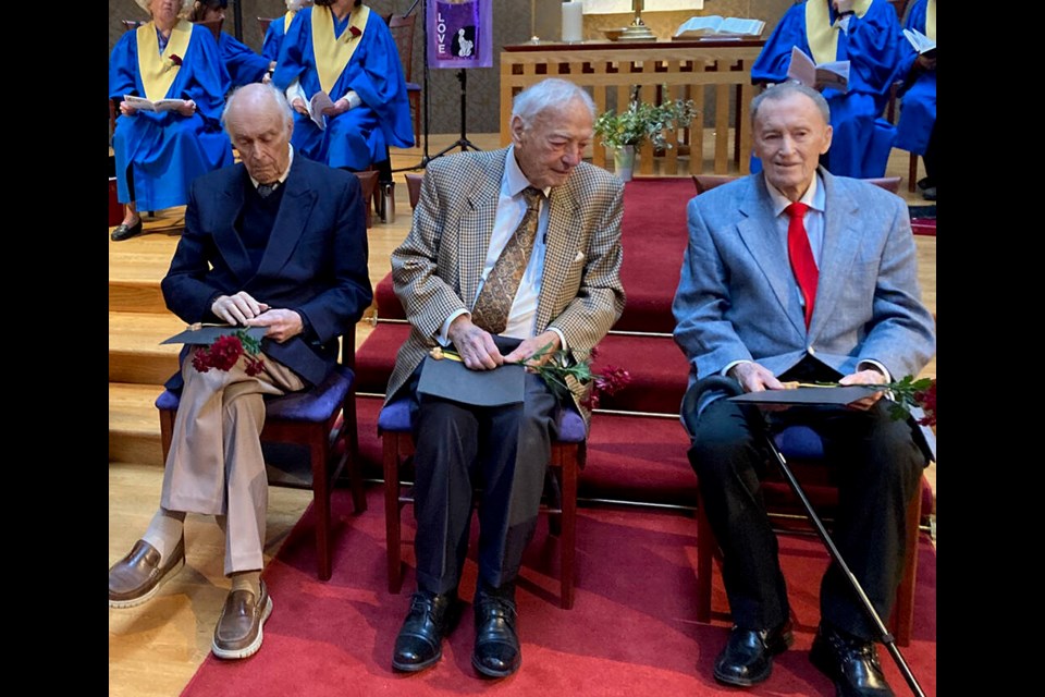 Bill Winnett, Morgan Stewart and Bob Kerr of West Vancouver’s St. David’s United Church are recognized during a special service Feb. 12 honouring distinguished members who have all reached their 90th birthdays. | St. David's United Church