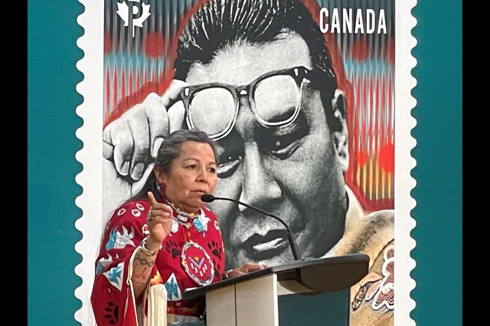 George Manuel's daughter Doreen Manuel speaks at a ceremony Mondaywhere the stamp honouring her father, the late Indigenous leader George Manuel, was unveiled. | Jane Seyd / North Shore ߣ