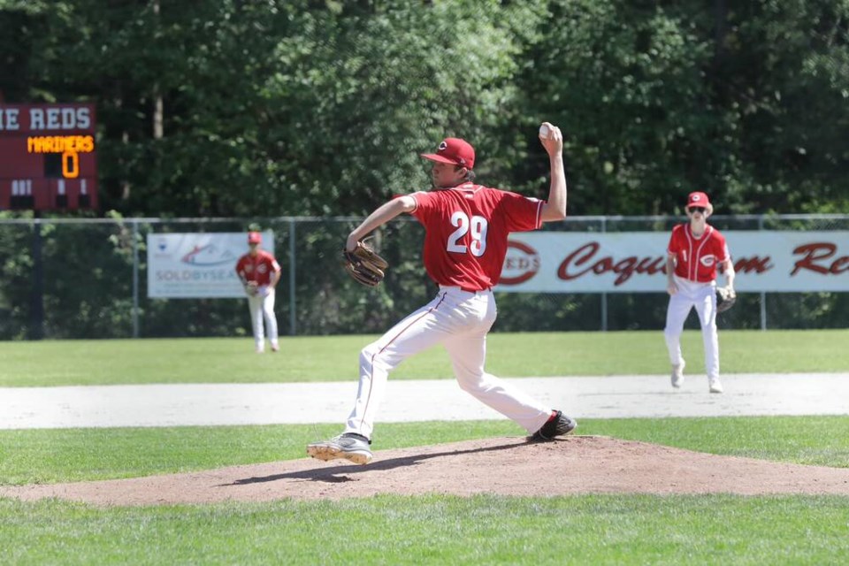 Henry Cheyne throws from the pitcher’s mound for the Coquitlam Reds. | Courtesy of Emma Gibbons 