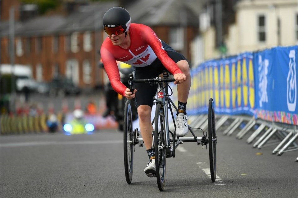 Nathan Clement races to world paracyling gold in 2023, winning the time trail road event at the UCI Cycling World Championships in Glasgow, Scotland. | Richard Blaxall / SWpix.com 