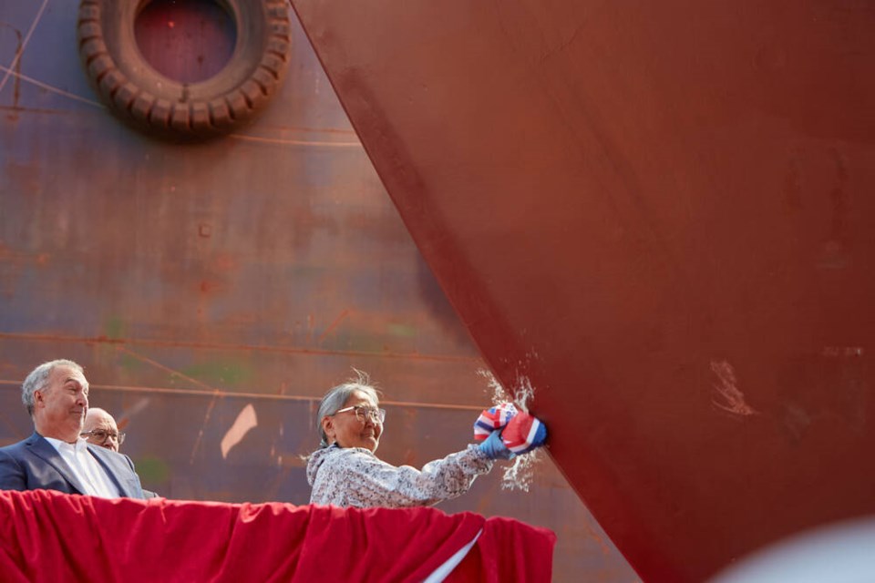 Qiallak Nappaalu christens a new Canadian Coast Guard vessel Saturday, Aug. 17 in North Vancouver. The Seaspan-built Offshore Oceanographic Science Vessel is named after her father, the respected Nunavik Elder Naalak Nappaaluk. | Seaspan 