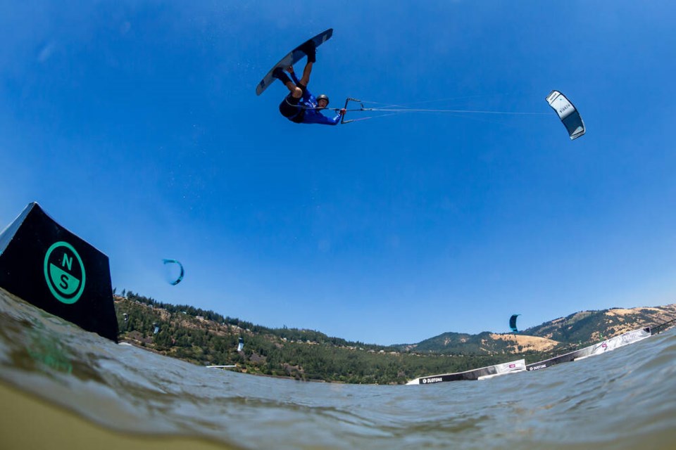 Jack Rieder gets big air at the Qatar Airways GKA Kite Park League World Championships, held Aug. 3 to 10 in Hood River, Ore. | Andre Magarao 