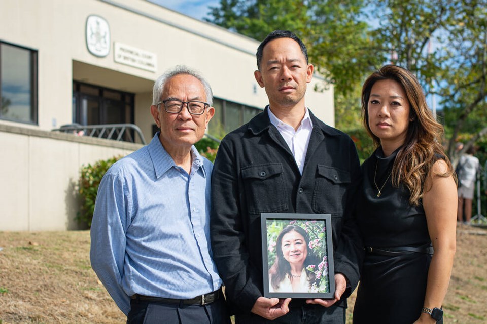 Liong Kong, Nigel Kong and Joanna Moy say this court hearing will bring no justice for their beloved wife and mother, Annie Kong, who was killed at a West Vancouver wedding in 2022. | Nick Laba / North Shore News 