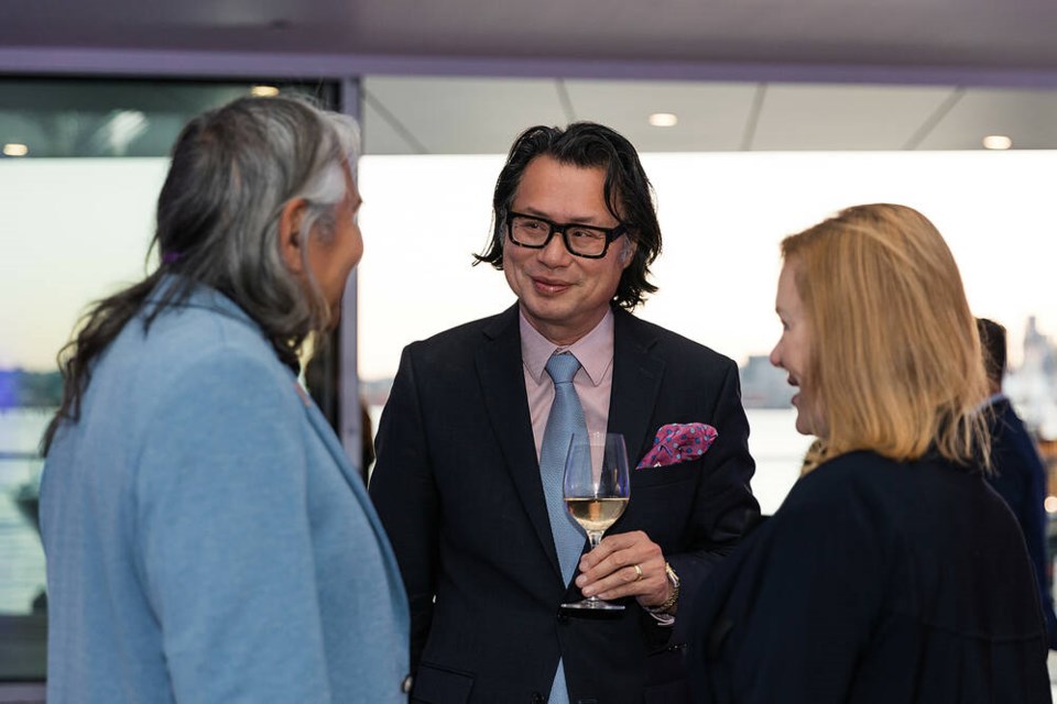 Artist Xwalacktun, MC Fred Lee and MLA Karin Kirkpatrick attend a kickoff event for the Because You Care campaign raising funds for the North Shore Family Respite Centre, held Sept. 18 at The Polygon Gallery in North Vancouver. | Kim Kosta Creative