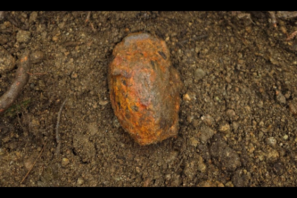 A Canadian military Mk36 grenade waits to be detonated at North Vancouver’s Blair Rifle Range lands. | Department of National Defence 