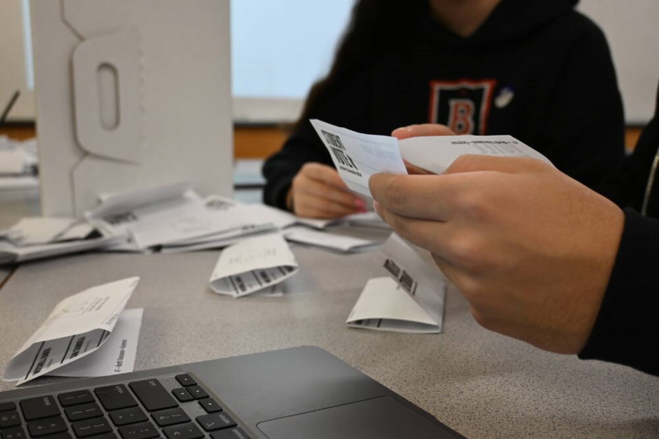 Brockton School students tally up votes from students in Grades 5 through 12 during a mock provincial election held Oct. 16. | Abby Luciano / North Shore News