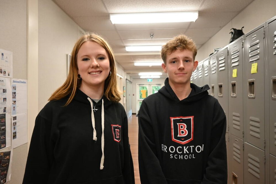 Grade 10 Brockton School students Paloma Wylie and Lucas Johnson were the two chief electoral officers who helped run the mock provincial election smoothly in the North Vancouver school Wednesday morning. | Abby Luciano / North Shore News 