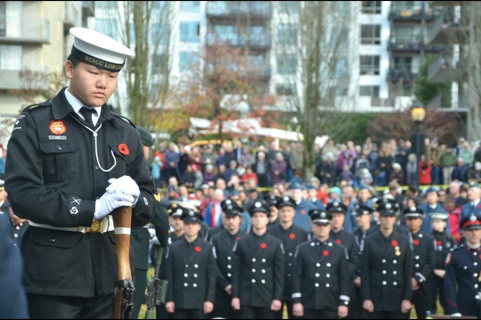 Ranks of cadets honour veterans at the 2023 Remembrance Day ceremony in North Vancouver’s Victoria Park. | Mina Kerr-Lazenby / North Shore News 