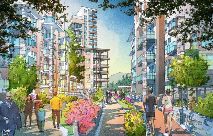 An artist’s drawing shows what British Pacific Properties’ development of Cypress Village above Highway 1 in West Vancouver might look like. | DWV 