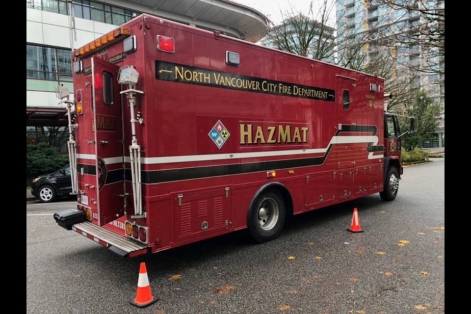 A hazmat truck parked outside the North Vancouver RCMP detachment around 1 p.m. Monday. | North Shore News staff 