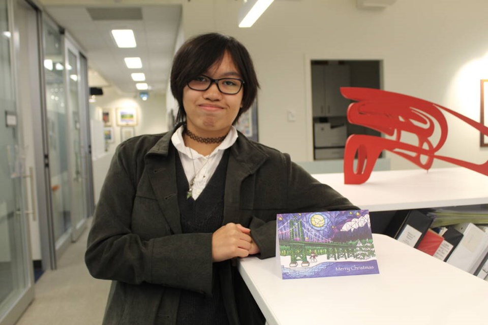 Christine de Guzman is the winner of this year's Lions Gate Hospital Foundation Christmas card contest. Her winning entry is a stained-glass inspired piece of the North Shore featuring the Lions Gate Bridge and mountains. | Lions Gate Hospital Foundation 