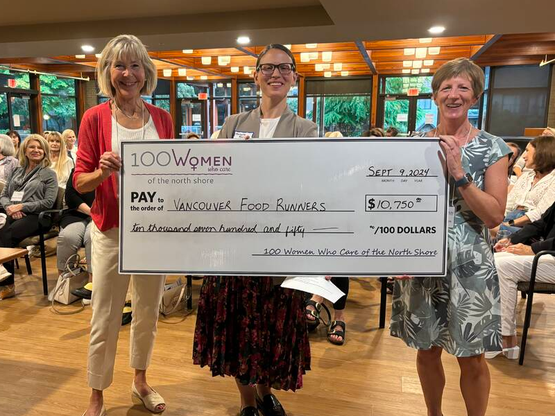 Naomi Chard, Michelle Reining of Vancouver Food Runners, and Mary McGivern celebrate a donation at the 100 Women Who Care of the North Shore meeting in June of 2024. | Courtesy of Naomi Chard