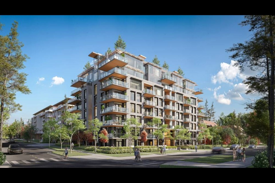 A rendering shows the planned building on the south part of 2195 Gordon Ave. in West Vancouver. The originally all-strata apartments have switched to all rental. | Darwin Construction 