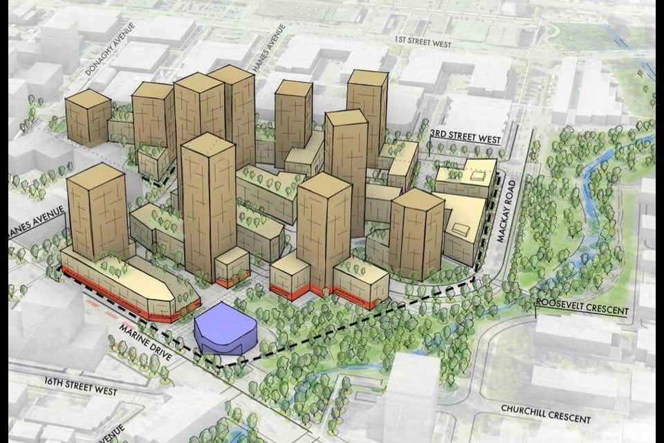 A master plan concept drawing shows 11 towers, ranging from 12 to 40 storeys high, rising from the new Capilano Mall site. | QuadReal 