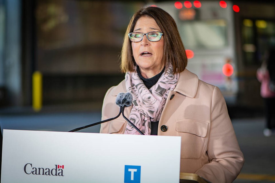 City of North Vancouver Mayor Linda Buchanan speaks at a federal funding announcement for TransLink projects Jan. 27 at Lonsdale Quay. Buchanan says the provincial government still has to follow through on its commitment to help fund Bus Rapid Transit to the North Shore. | Nick Laba / North Shore News 