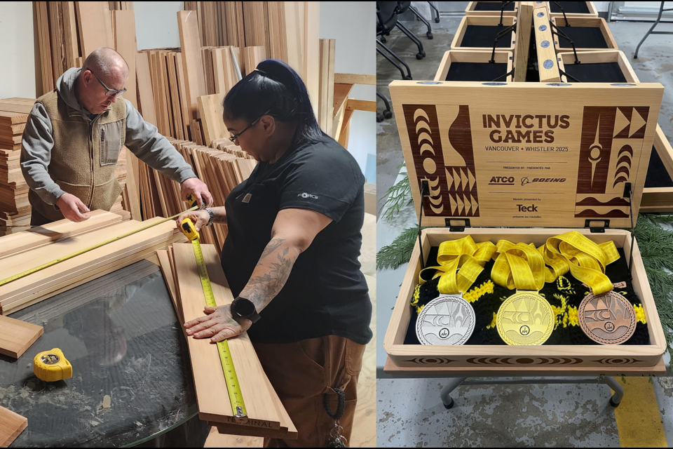 Kwantlen Polytechnic University carpentry instructor Terry Williams (left) and Billie-Reyez Grace Blaney work in a TTC woodworking course creating boxes for the Invictus Games medals. | Kwantlen Polytechnic University 