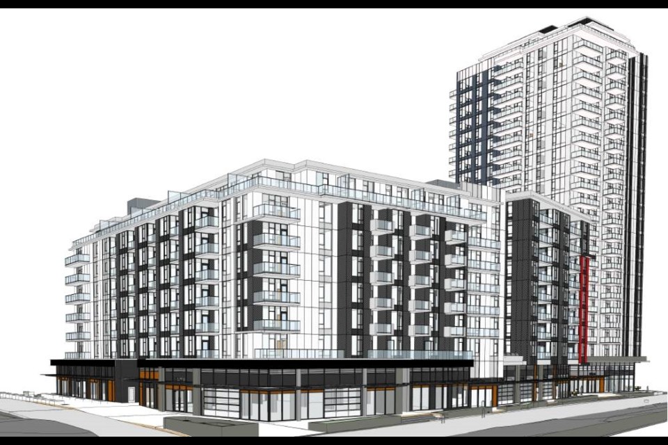 A design graphic shows the proposed new development as seen from the intersection of Mountain Highway and Crown Street in North Vancouver. | District of North Vancouver 