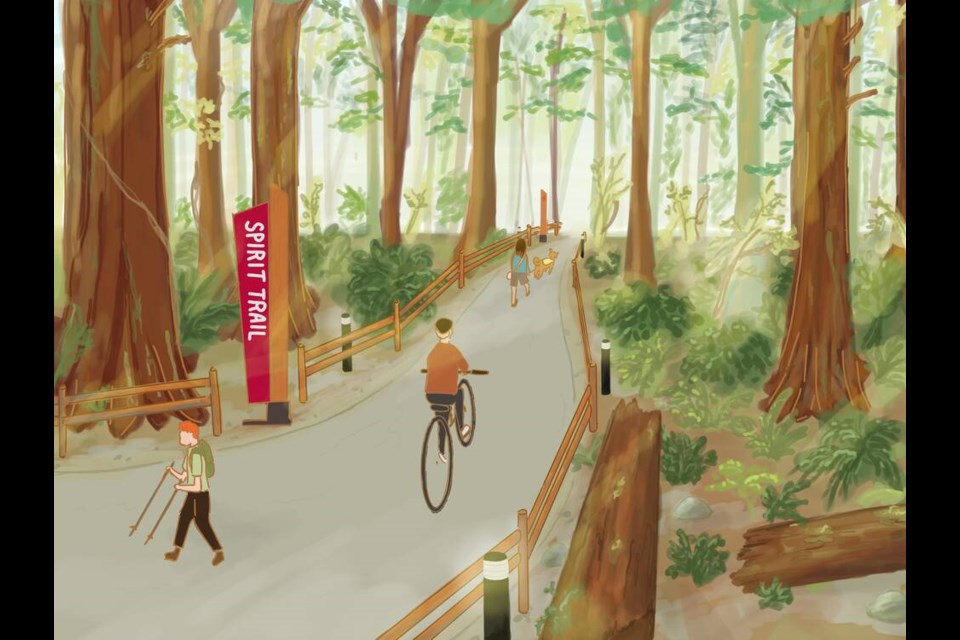 A concept drawing shows a paved section of trail passing through a park. But staff have recommended a ‘bronze’ standard for most of the trail, which would mean a gravel surface in some areas. | District of North Vancouver 