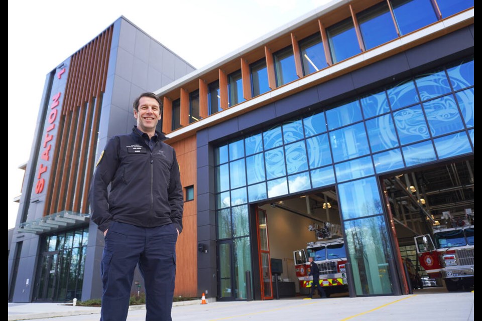 Fire Chief Mike Danks, of District of North Vancouver Fire and Rescue Services, proudly shows off the new Maplewood Fire and Rescue Centre. | Brent Richter / North Shore News 