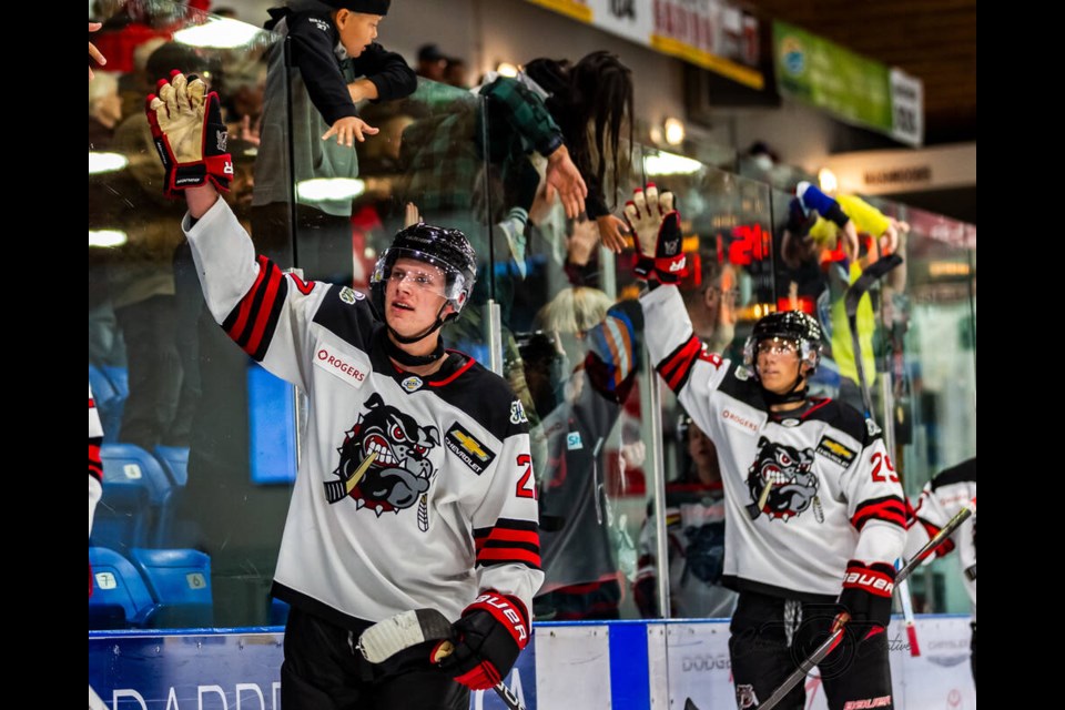 Squamish Nation member and Alberni Valley Bulldogs hockey player Wyatt Blace celebrates with the team's fans. Blace is one of six athletes recognized in the Vancouver Island Region of the 2024 Premier's Awards for Indigenous Youth Excellence in Sport. | Courtesy of Chaisson Creative