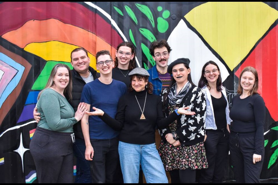 'Gay on God's Campus cast members Liz Squires (left), Matthew Wigmore, Ben Buckingham, Carter Sawatzky, Angela Konrad (centre), Braedon Grover Sunnes, Emm Hanly, Amanda Haggett and Tiffany Kanda are ready to share their stories. | Courtesy of Dark Glass Theatre 