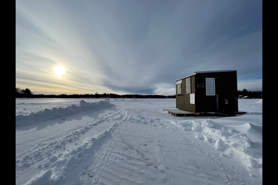 The Hard Water Café, siting right on the surface of Lake of the Woods, opens each winter when the ice is thick enough to support vehicle traffic. Jan. 2025.