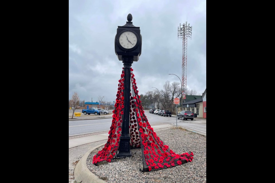 20 crafters from the Northern Knitting group in Sioux Lookout created poppy displays in front of the legion and in Hudson for Remembrance Day.