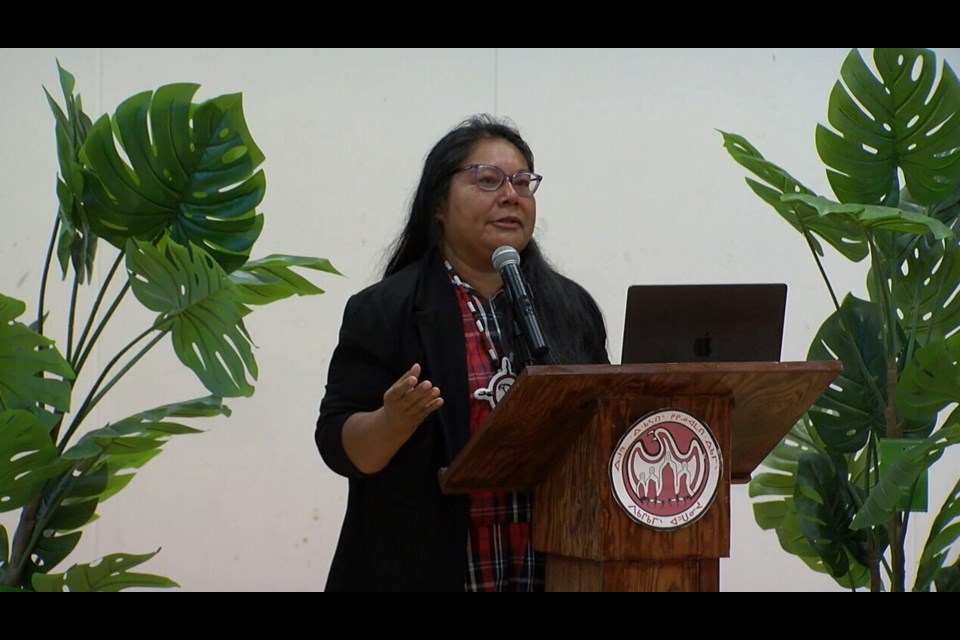 Chief Shirley Keeper participates in a news conference Aug. 21, 2024, in Pikangikum.