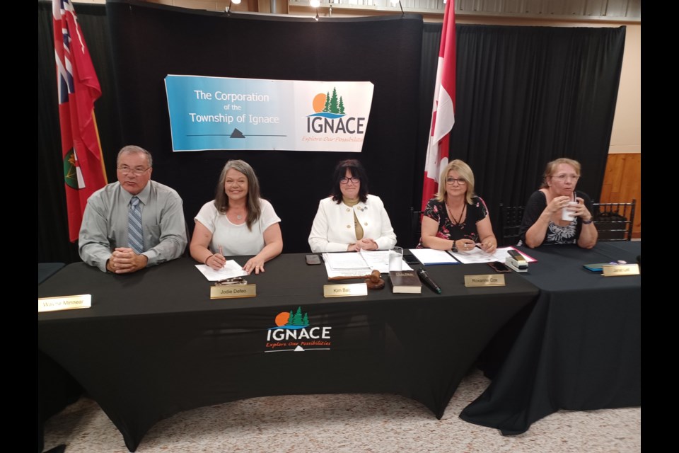 Ignace Mayor Kim Baigrie, centre, with Coun. Wayne Minnear, Coun. Jodie Defeo, interim clerk Roxanne Cox and Coun. Janet Lett before a July 2024 special meeting of township council held at the Ignace Recreation Centre.