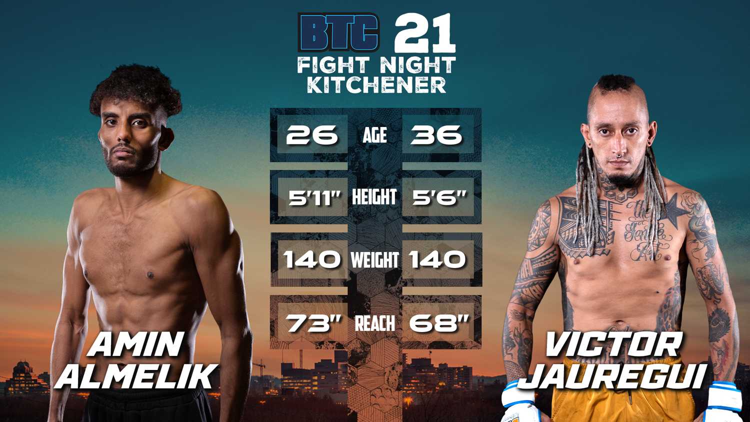 Promotional stat card from BTC 21 Fight Night | Bantam weight MMA fighter Amin Almelik, of Oakville, was up against Victor Jauregui, of Guadelajara August 5, 2023, in Kitchener. | Provided by BTC Promotions