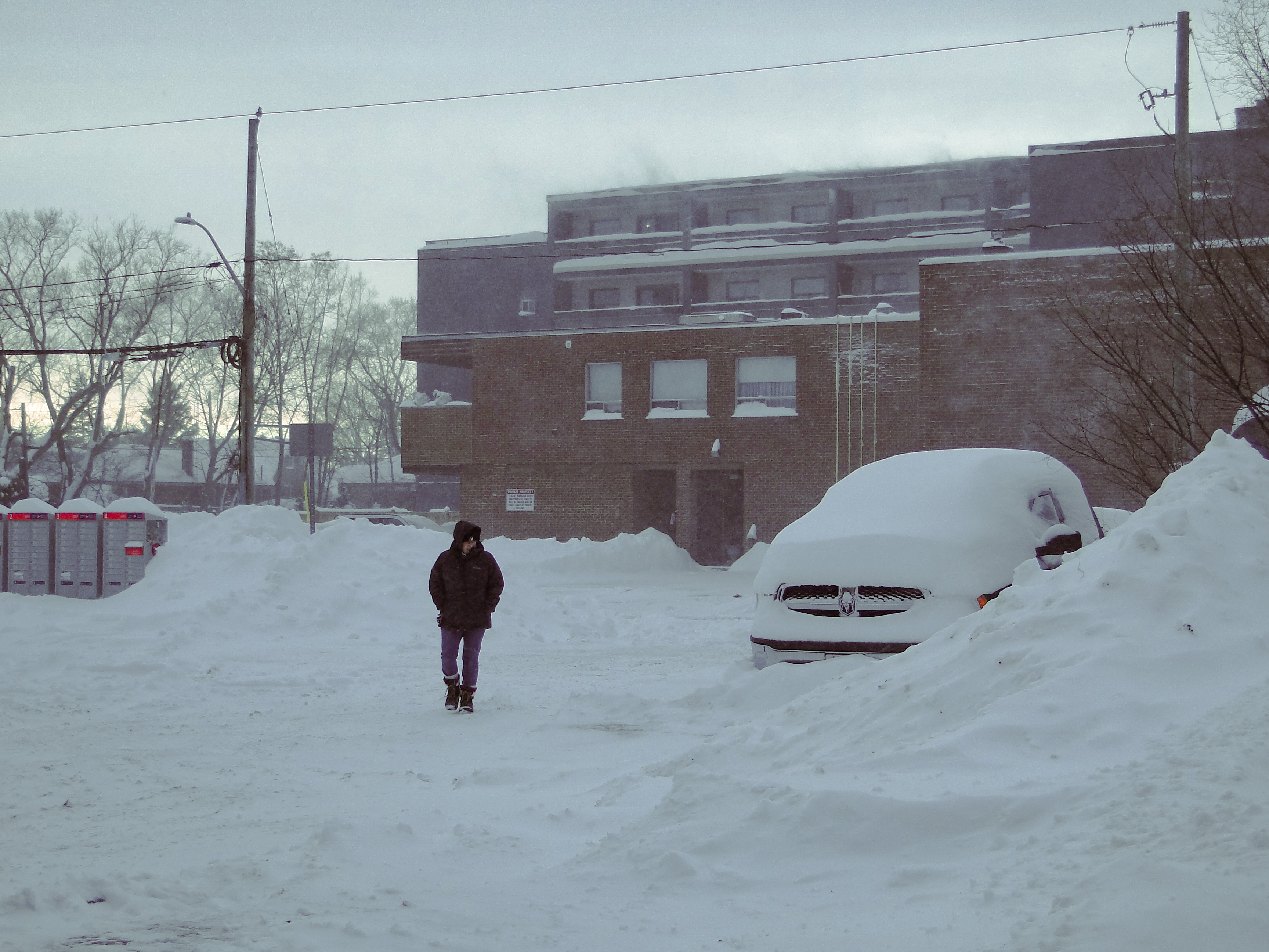 Man making his way along a snow-covered street, as a pick-up truck remains encased in snow. | Mumin Mian