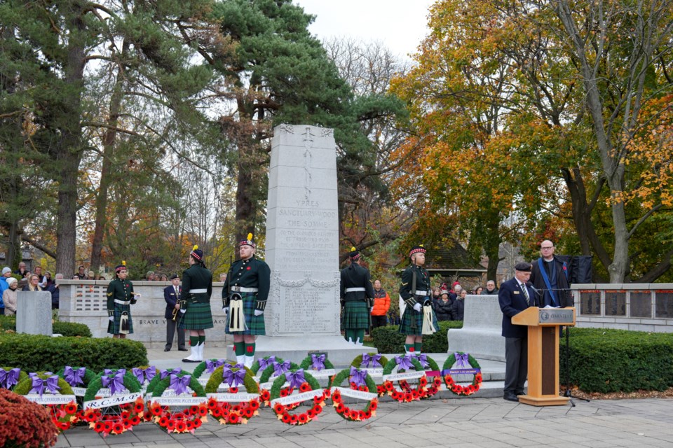 Steve Thomas, President of the Royal Canadian Legion Branch 114 Oakville, gives his remarks at the Remembrance Day ceremony at George's Square in Oakville.