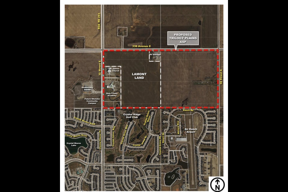 A map indicating the area of the Trilogy Plains Area Structure Plan adopted by Okotoks council on June 26.