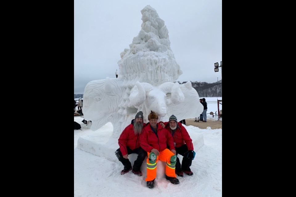 Morton Burke, Will Truchon and Christian Denis competed in the World Snow Sculpture Championships in Stillwater, Minnesota earlier this month. Their sculpture, The Big Four, depicted four iconic wild animals from North America: mountain sheep, moose, bear and buffalo. 