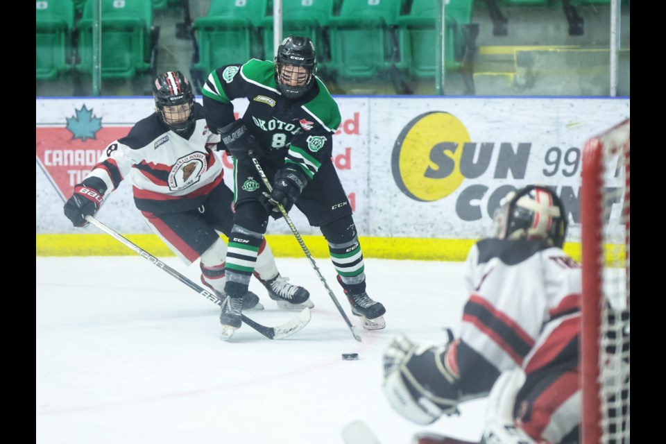 Tate Hanson of Okotoks U15AAA Oilers takes the puck to the net versus the Calgary Bisons at Okotoks Centennial Arenas on March 18. Okotoks won the game 5-2 to win the AEHL South Division semifinal set in two games.