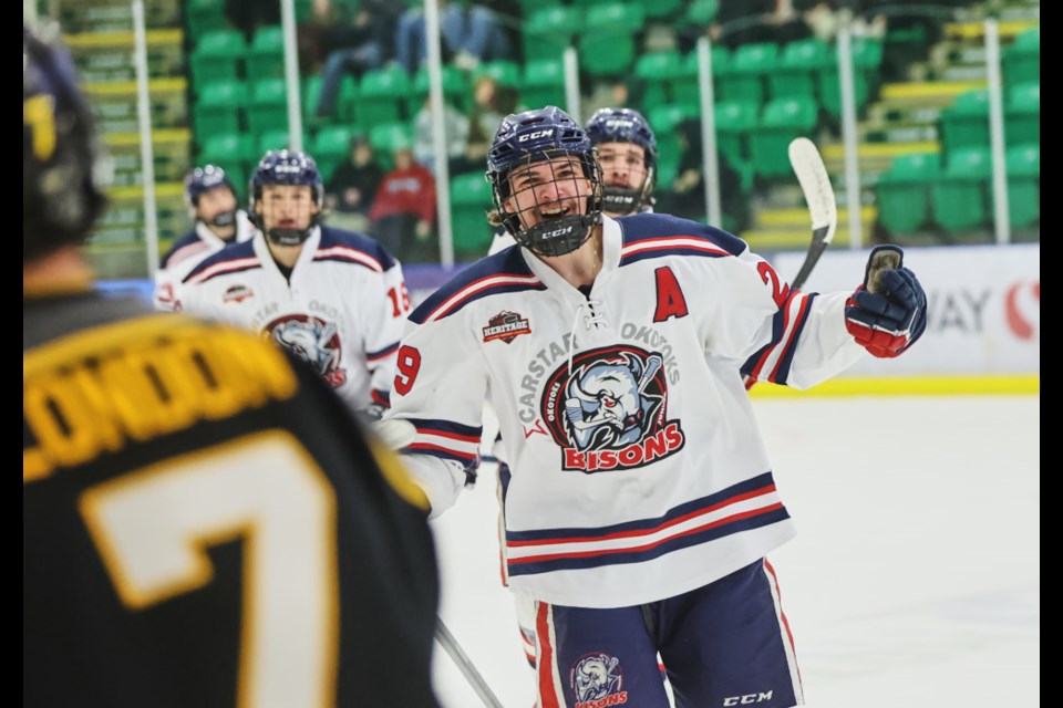 The Okotoks Carstar Bisons celebrate their second goal on the Fort St. John Huskies by forward AJ Belanger (29) in the Hockey Alberta Junior B Provincials at Okotoks Centennial Arenas on April 5. Okotoks won 5-4 and sit 2-0 through two days of competition.