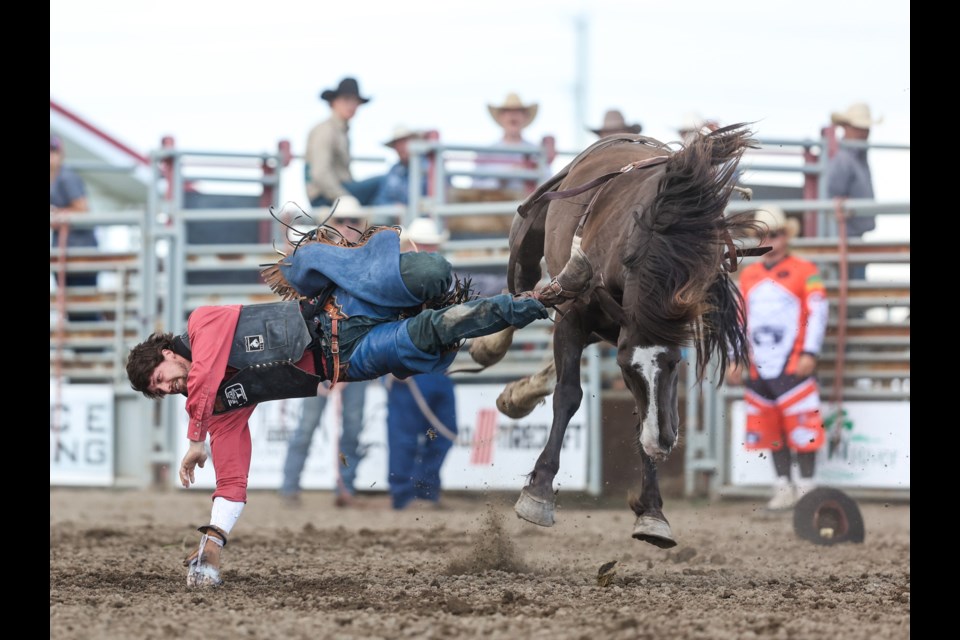 Bareback rider Cole Goodine is thrown from Jerrys Pet in the Guy Weadick Days Rodeo at the High River Ag Grounds on June 23.