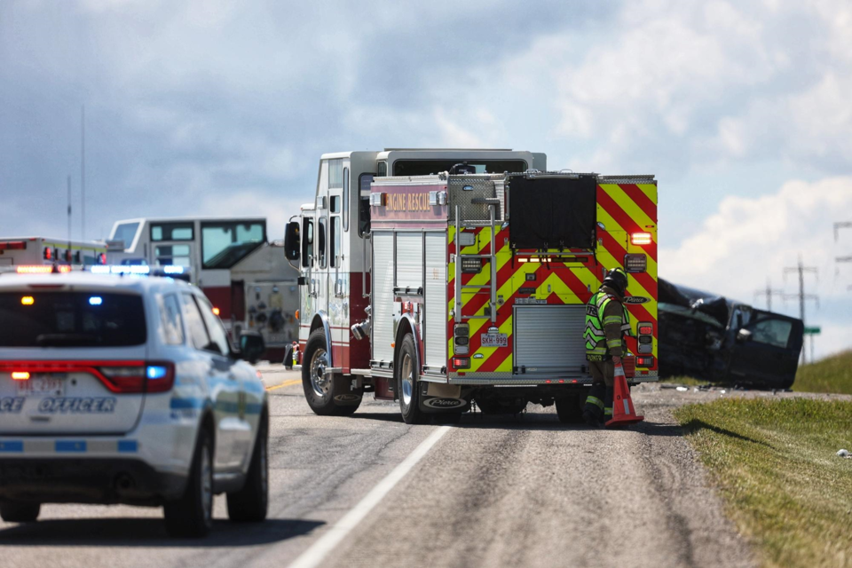 Emergency crews are attending a two-vehicle accident on Highway 7 near the Okotoks Erratic that occurred at about 3:15 p.m. on June 22.