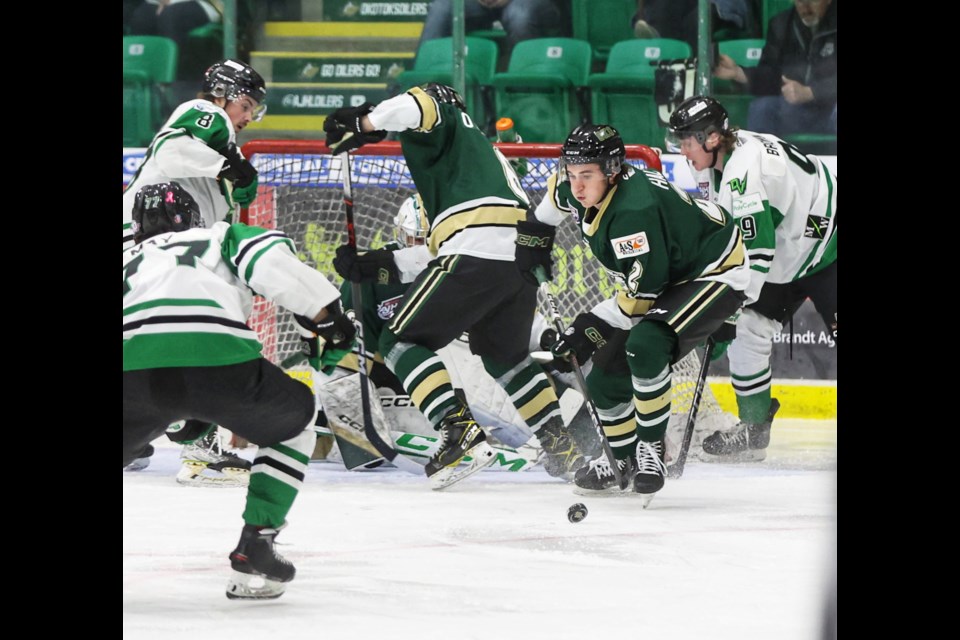 Okotoks Oilers blueliner Sam Hall notched his first two AJHl goals in the 8-1 win over the Drayton Valley Thunder at Okotoks Centennial Arenas on Oct. 29.