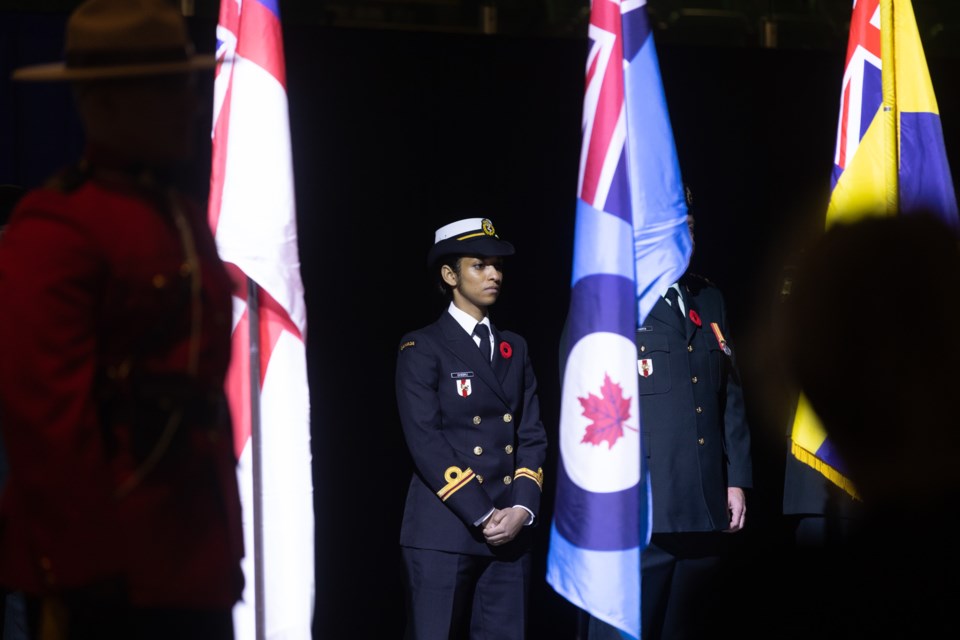 Members of the 15 Field Ambulance stand at ease during the Remembrance Day ceremony at the Okotoks Centennial Arenas on Nov. 11.