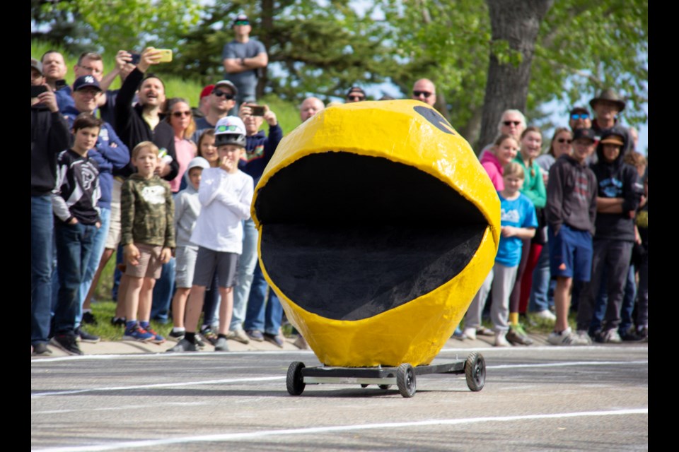 Miles Nielson in a 'Pac-Man' vehicle at the 34th annual Rotary Club of Okotoks Soapbox Derby on June 1.