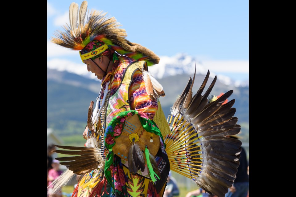 Olizus Powderface, from Mini Thni (Morley), dances a men’s traditional dance during a powwow at Chief Jacob Bearspaw School in Eden Valley on June 6. 