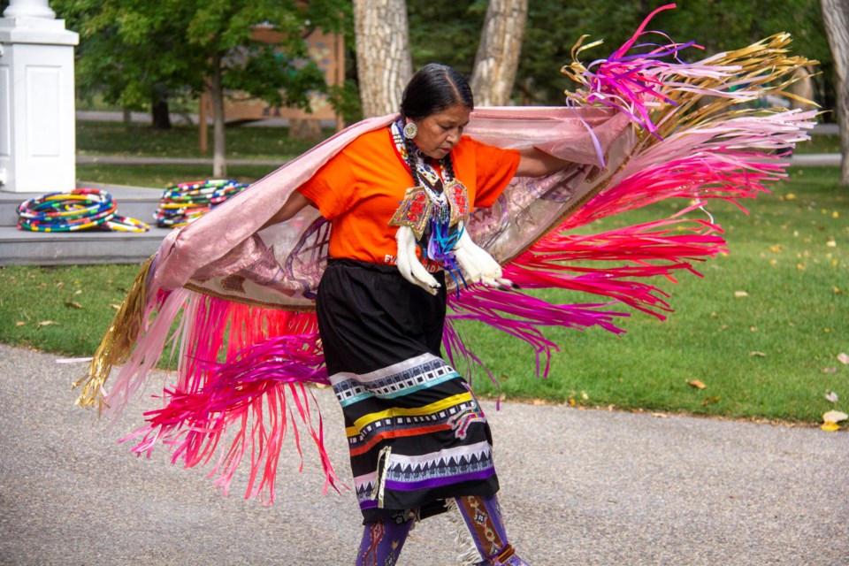 Blackfoot elder Shirley Hill performs a fancy shawl dance in George Lane Park at an event hosted by the High River Performing Arts Foundation on Sept. 14 for Alberta Culture Days.