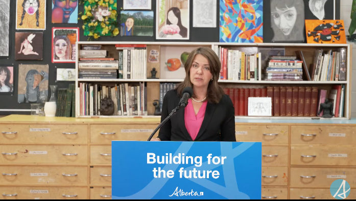 Alberta Premier Danielle Smith provides details of the School Construction Accelerator Program during a press conference on Sept. 18. Foothills School Division is hopeful that some of the money will help advance a new high school in Okotoks to the construction phase.