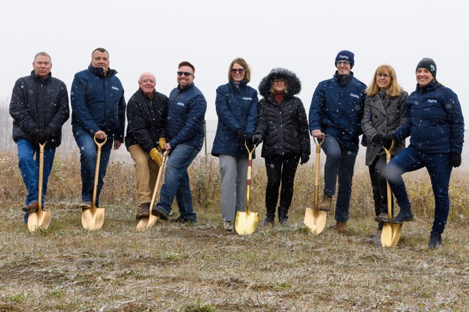 Foothills County and Town of Okotoks councillors and leaders signal the start of construction for the long-awaited Foothills Okotoks Regional Water Project during a groundbreaking ceremony near where the waterline’s intact will be built, close to the confluence of the Bow and Highwood Rivers in Foothills County, on Oct. 21.