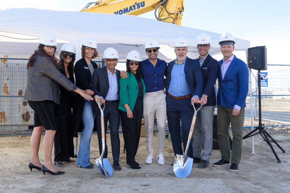 From left, Okotoks CAO Elaine Vincent, High River Toyota General Manager Malika Rajani, Okotoks Mayor Tanya Thorn, High River Toyota Dealer Principal Salem Budhwani, Salima and Fayaz Budhwani, and Toyota Canada representatives Alec Markin, Vaughn Thibault and David Lee, take part in a groundbreaking ceremony for Okotoks Toyota in Wedderburn on Oct. 16.